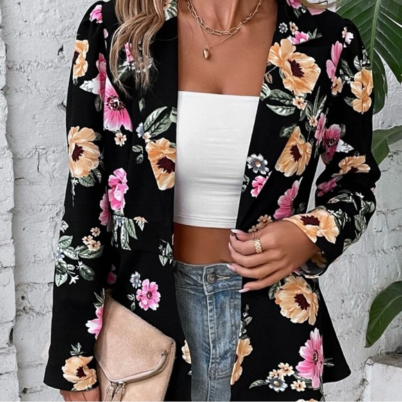 Doubl JU Draped Open Front Blazer Jacket NWT Size Large Black and Floral - Picture 8 of 8